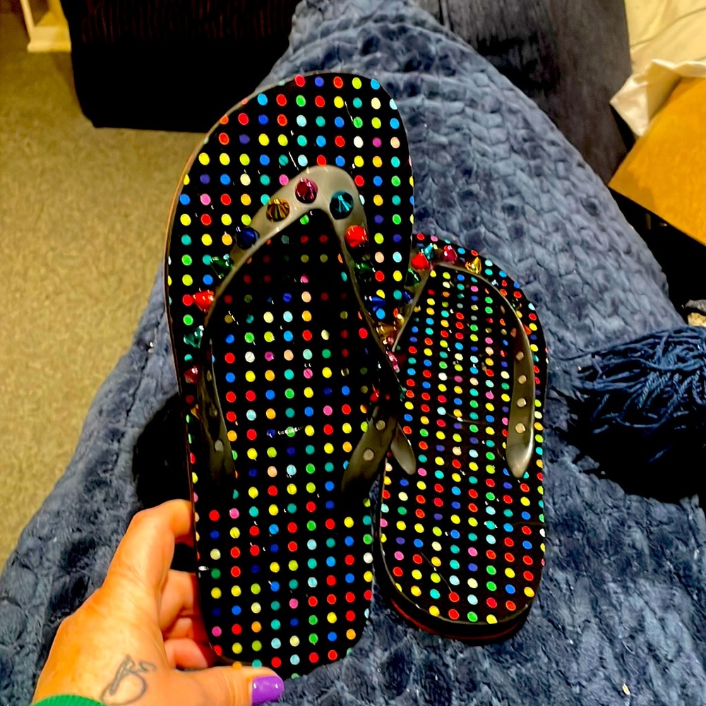 Louboutin rainbow, studded flip-flops
